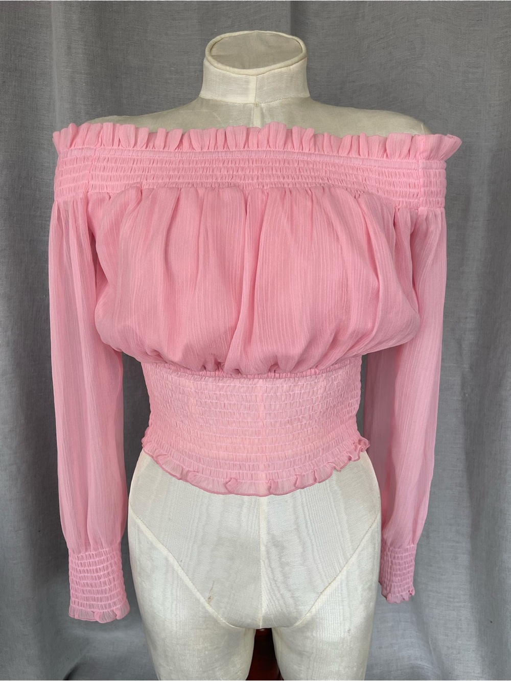 Bar III Pink Smocked Off The Shoulder Long Sleeve Crop Blouse Top Size M